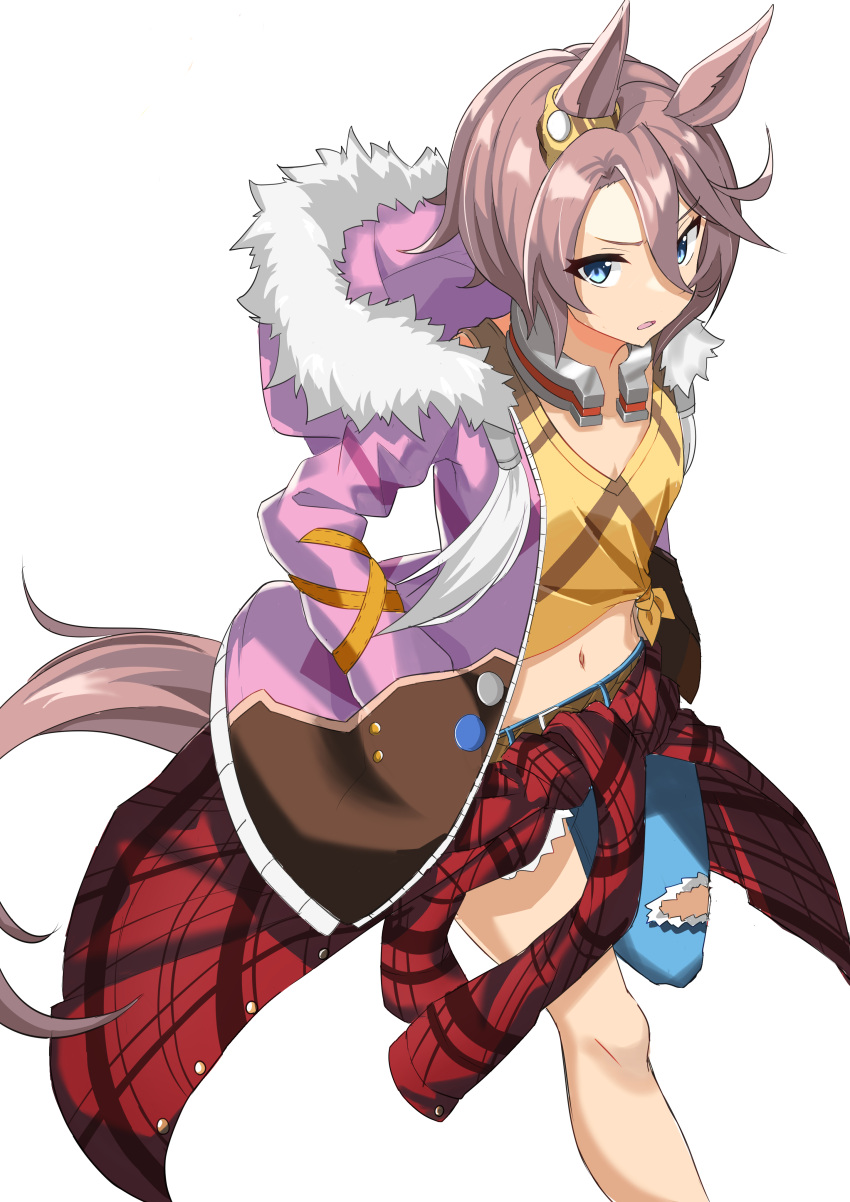 1girl absurdres animal_ears asymmetrical_pants belt blue_eyes brown_belt brown_hair clothes_around_waist commentary_request denim ear_ornament feet_out_of_frame fur-trimmed_jacket fur_trim hair_between_eyes hands_in_pockets highres horse_ears horse_girl horse_tail jacket jeans long_sleeves looking_at_viewer midriff narita_taishin_(umamusume) navel olecafe2 open_clothes open_jacket pants parted_lips pink_jacket plaid plaid_shirt shirt shirt_around_waist short_hair simple_background solo tail tied_shirt torn_clothes torn_jeans torn_pants umamusume white_background yellow_shirt