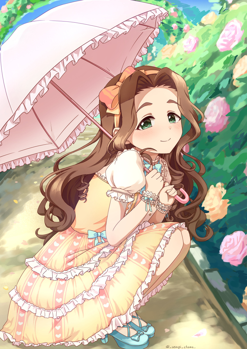 1girl absurdres blush brown_hair dress forehead frilled_dress frilled_umbrella frills garden heart heart_print highres holding holding_umbrella idolmaster idolmaster_cinderella_girls kusakabe_wakaba long_hair looking_at_viewer looking_to_the_side pink_umbrella puffy_short_sleeves puffy_sleeves short_sleeves smile solo squatting umbrella usagichama very_long_hair yellow_dress