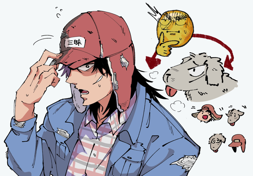 1boy adjusting_clothes adjusting_headwear arrow_(symbol) blue_jacket chibi chibi_inset collared_shirt commentary_request dog emoji hat hat_flaps highres inudori itou_kaiji jacket kaiji long_hair looking_at_viewer male_focus open_mouth plaid plaid_shirt red_headwear shirt thinking_emoji upper_body white_background white_shirt