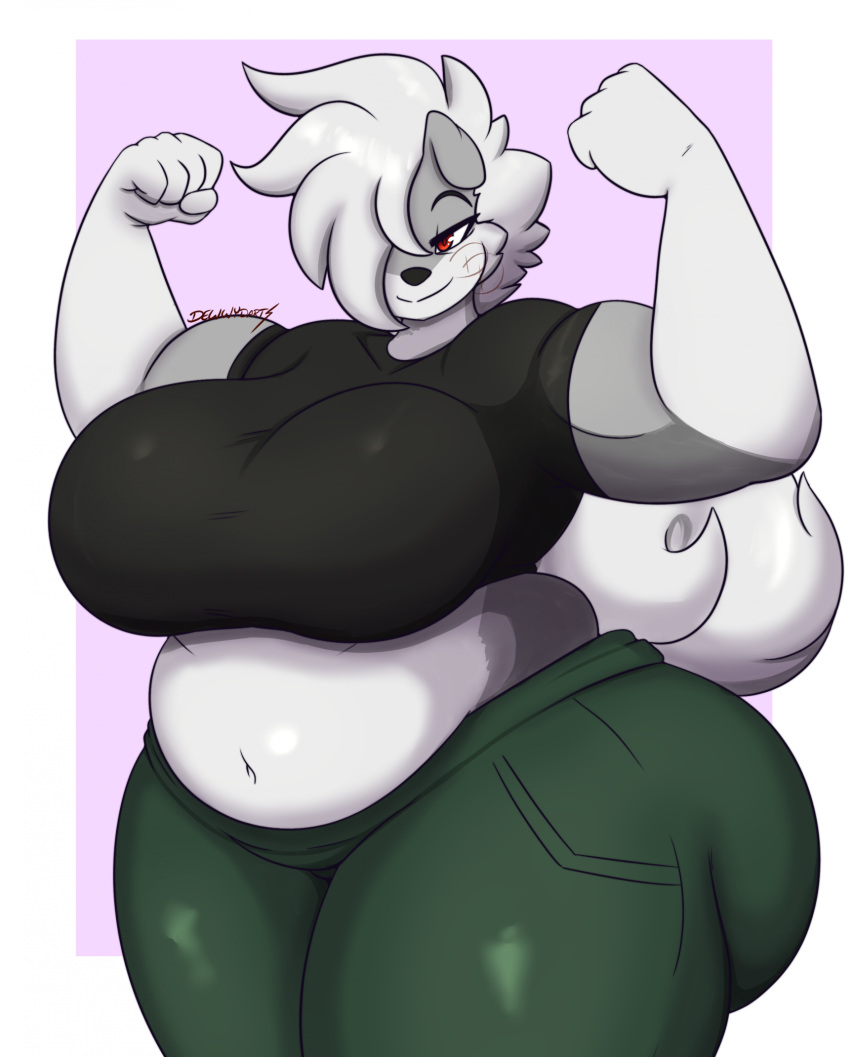 2023 5_fingers anthro belly biceps big_belly big_breasts black_clothing black_shirt black_topwear bottomwear breasts canid canine canis cheek_tuft clothed clothing dewwydarts facial_tuft female fingers flexing_both_biceps floppy_ears fur green_bottomwear green_clothing green_pants grey_body grey_fur grey_hair hair hair_over_eye hi_res huge_breasts huge_thighs mammal midriff muscular_arms navel one_eye_obstructed overweight overweight_anthro overweight_female pants red_eyes shirt simple_background smile solo standing terra_(dewwydarts) thick_thighs topwear tuft wide_hips wolf