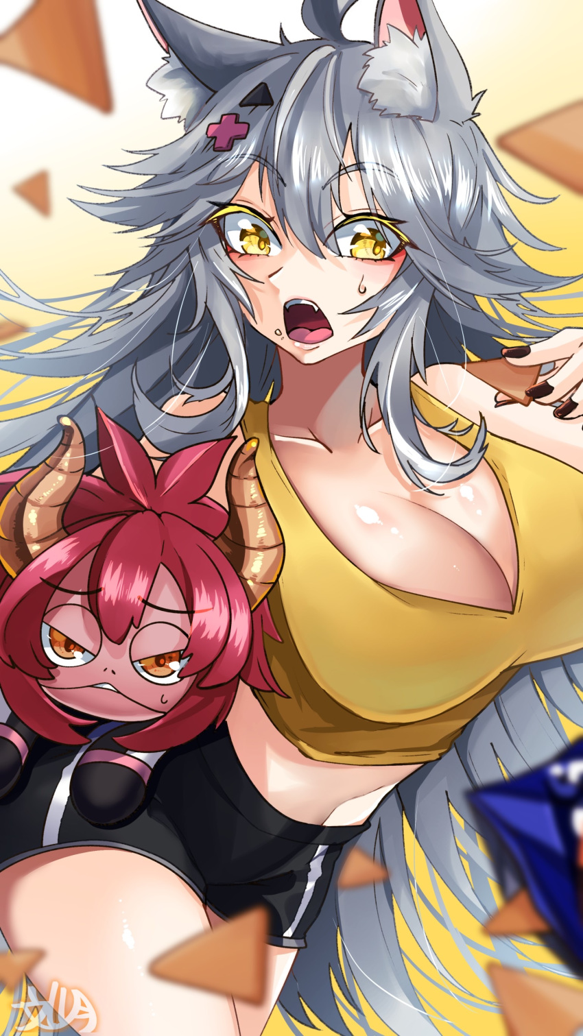 absurdres ahoge animal_ear_fluff animal_ears black_nails black_shorts breasts chips_(food) d-pad d-pad_hair_ornament food fumizuki_kazuhito gecko_zen grey_hair hair_ornament highres holding holding_food large_breasts long_hair looking_at_viewer loungewear nail_polish open_mouth potato_chips shirt short_shorts shorts teeth upper_teeth_only virtual_youtuber vshojo wolf_ears yellow_eyes yellow_shirt zentreya zentreya_(mmo_zen)