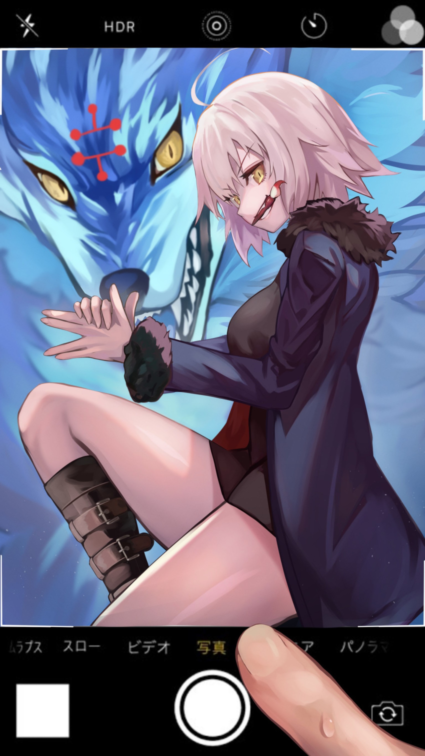 1girl absurdres black_dress black_footwear blue_coat boots breasts calligraphy_brush cellphone_photo coat dog_shadow_puppet dress facepaint fate/grand_order fate_(series) fur-trimmed_coat fur_trim genshu_doki grey_hair hand_gesture highres jeanne_d'arc_alter_(fate) jeanne_d'arc_alter_(ver._shinjuku_1999)_(fate) jujutsu_kaisen knee_boots large_breasts lobo_(fate) long_sleeves looking_at_viewer mouth_hold open_clothes open_coat paintbrush short_dress short_hair smile thighs wolf yellow_eyes