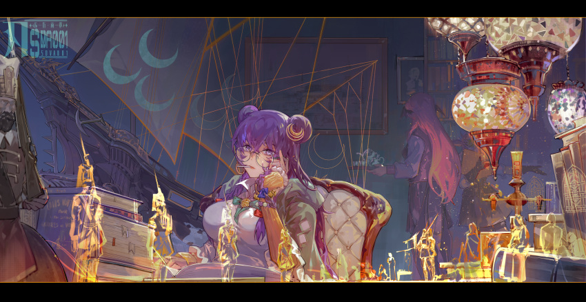 3girls absurdres black_wings book breasts chair crescent crescent_hair_ornament demon_wings double_bun dress glasses hair_between_eyes hair_bun hair_ornament head_wings highres koakuma large_breasts letterboxed long_hair multiple_girls open_book open_mouth patchouli_knowledge picture_frame purple_eyes purple_hair red_hair round_eyewear sitting sleeves_past_wrists touhou white_dress wings xiuchundao