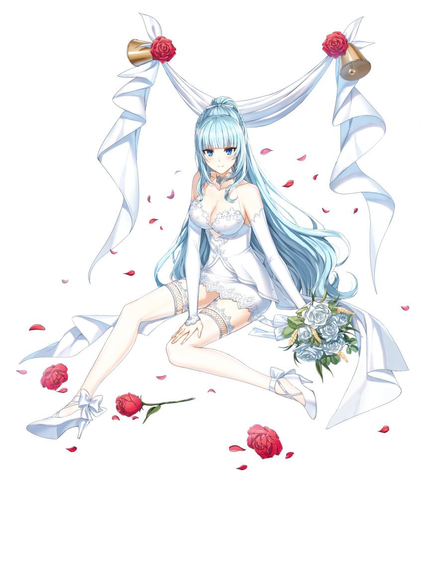 1girl ankle_bow banner bare_shoulders bell blue_eyes blue_hair blunt_bangs blush bouquet bow braid breasts bridal_gauntlets cleavage closed_mouth closers clothing_cutout collarbone dress falling_petals flower french_braid full_body hair_bow hand_on_own_thigh high_heels highres holding holding_bouquet lace-trimmed_dress lace-trimmed_thighhighs lace_trim large_breasts long_hair looking_at_viewer official_art pencil_dress petals ponytail red_flower red_rose rose see-through_cleavage short_dress sidelocks sitting sleeveless sleeveless_dress smile solo tachi-e thigh_strap thighhighs underboob_cutout very_long_hair violet_(closers) wedding_dress white_background white_bow white_bridal_gauntlets white_dress white_flower white_footwear white_rose white_thighhighs yokozuwari