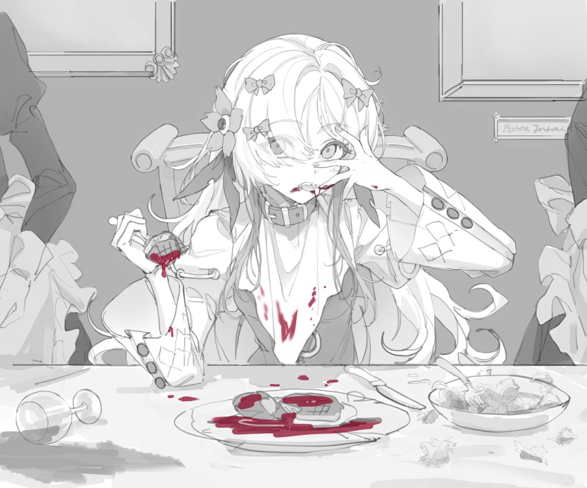 3girls belt_collar bib blood blood_on_face blood_on_hands bow bowl collar commentary cup dining_room drinking_glass dripping empty_eyes fang flower food fork greyscale hair_bow hair_flower hair_ornament hair_over_one_eye hands_up highres holding holding_fork isekai_joucho juliet_sleeves kamitsubaki_studio licking licking_finger long_hair long_sleeves looking_at_viewer maid messy_hair monochrome multiple_girls multiple_hair_bows on_chair open_mouth out_of_frame picture_frame plate puffy_sleeves reverse_grip salad shrug_(clothing) sitting solo_focus spill spot_color steak table tongue tongue_out very_long_hair wide_sleeves wine_glass zzzearly