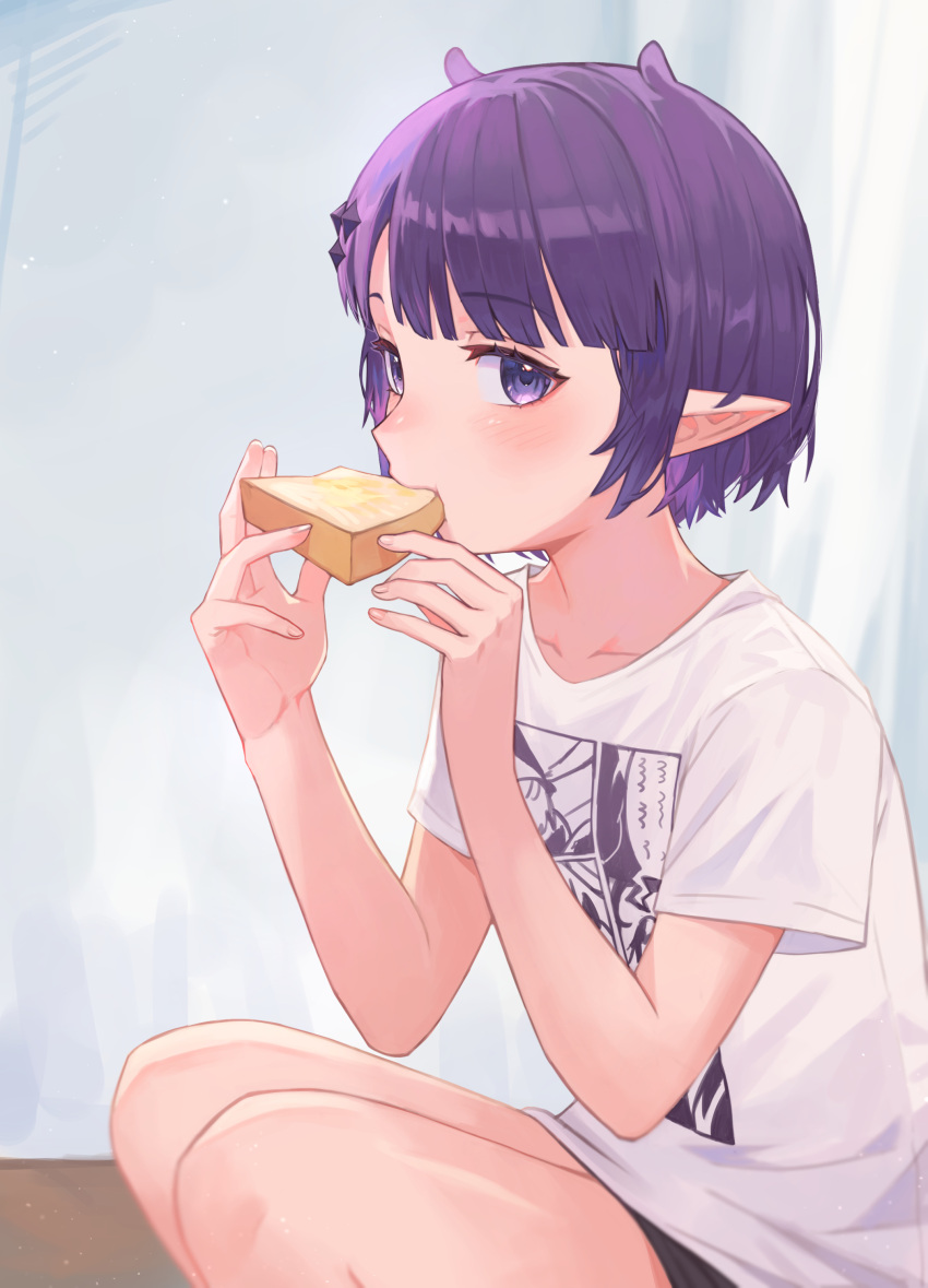 1girl absurdres bare_legs black_shorts bob_cut breasts commentary eating food food_in_mouth highres hololive hololive_english kiwwwwwi mouth_hold ninomae_ina'nis ninomae_ina'nis_(5th_costume) pointy_ears purple_eyes purple_hair shirt short_hair short_shorts short_sleeves shorts small_breasts solo squatting toast toast_in_mouth virtual_youtuber white_shirt