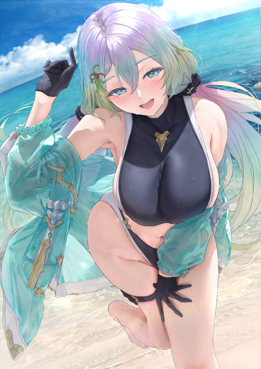 1girl akita_hika aqua_eyes armpits black_gloves blush breasts commentary_request cupitan_(granblue_fantasy) cupitan_(summer)_(granblue_fantasy) gloves gradient_hair granblue_fantasy green_hair hair_ornament hand_up highres large_breasts long_hair long_sleeves looking_at_viewer multicolored_hair navel ocean open_mouth outdoors see-through see-through_sleeves sideboob smile thigh_strap water