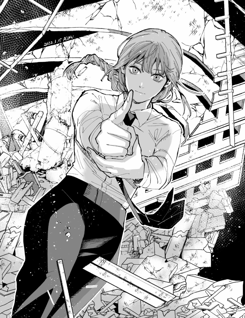 1boy chainsaw_man collared_shirt debris finger_gun greyscale highres looking_at_viewer makima_(chainsaw_man) matsumotoasumu medium_hair monochrome necktie pointing pointing_at_viewer ringed_eyes shirt shirt_tucked_in sidelocks solo