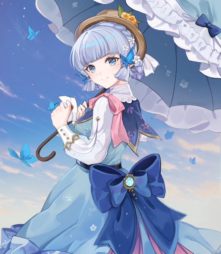 1girl absurdres blue_sky blunt_bangs bow-shaped_hair braid bug butterfly cloud cloudy_sky commentary english_commentary genshin_impact grey_eyes grey_hair hair_ribbon hat highres holding holding_letter holding_umbrella kamisato_ayaka kamisato_ayaka_(springbloom_missive) letter long_hair long_sleeves looking_at_viewer mole mole_under_eye official_alternate_costume official_alternate_hairstyle outdoors parasol ribbon scharamouch9 sidelocks sky smile solo straw_hat sun_hat tress_ribbon twin_braids umbrella vision_(genshin_impact)