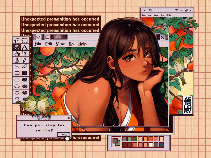 1girl adobe_photoshop astralgrave bird breasts brown_eyes brown_hair cleavage commentary cursor dark-skinned_female dark_skin english_commentary english_text food fruit fruit_tree head_rest highres large_breasts long_hair looking_at_viewer microsoft_windows mole mole_above_mouth mole_on_shoulder orange_(fruit) orange_tank_top orange_tree original solo_focus strap_slip tank_top tree upper_body window_(computing) windows_95