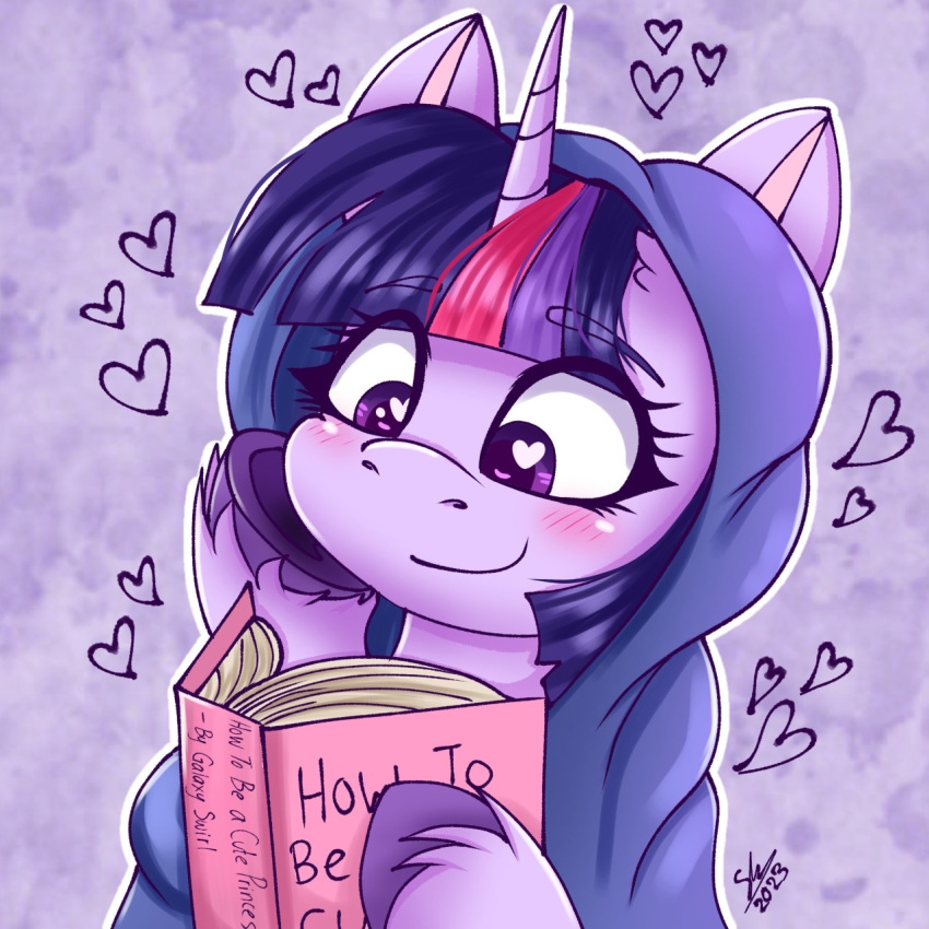 &lt;3 &lt;3_eyes abstract_background blush book clothing equid equine female feral friendship_is_magic galaxy_swirl hair happy hasbro hi_res hood hoodie hooves horn horse looking_at_object mammal multicolored_hair my_little_pony open_book pony purple_body purple_eyes reading reading_book smile solo text topwear twilight_sparkle_(mlp) unicorn