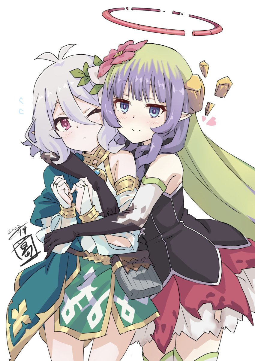 2girls ameth_(princess_connect!) antenna_hair artist_logo bag bare_shoulders blue_eyes blush closed_mouth cowboy_shot dated detached_sleeves dress elbow_gloves flower gloves green_dress green_hair grey_hair hair_flower hair_ornament halo heart highres hug kokkoro_(princess_connect!) long_hair looking_at_viewer multicolored_hair multiple_girls one_eye_closed pink_eyes pointy_ears princess_connect! purple_hair sekiya_kuzuyu short_hair sidelocks simple_background sleeveless sleeveless_dress smile thighhighs two-tone_hair white_background