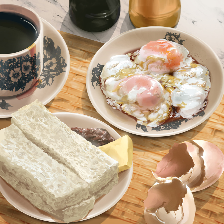 cup egg_(food) eggshell food food_focus highres lefty_lai no_humans original plate shadow still_life