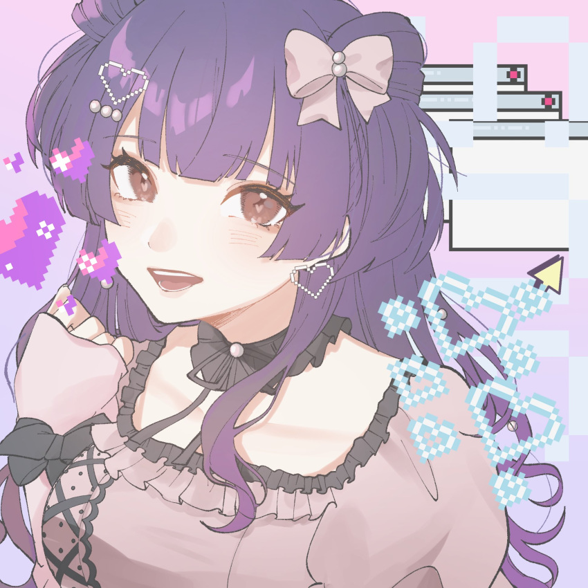 1girl b_a1210 blunt_bangs blush breasts choker collarbone earrings frilled_choker frilled_shirt_collar frills heart heart_earrings highres idolmaster idolmaster_shiny_colors jewelry looking_at_viewer looking_to_the_side mayuzumi_fuyuko medium_breasts pixel_heart pixelated smile solo upper_body