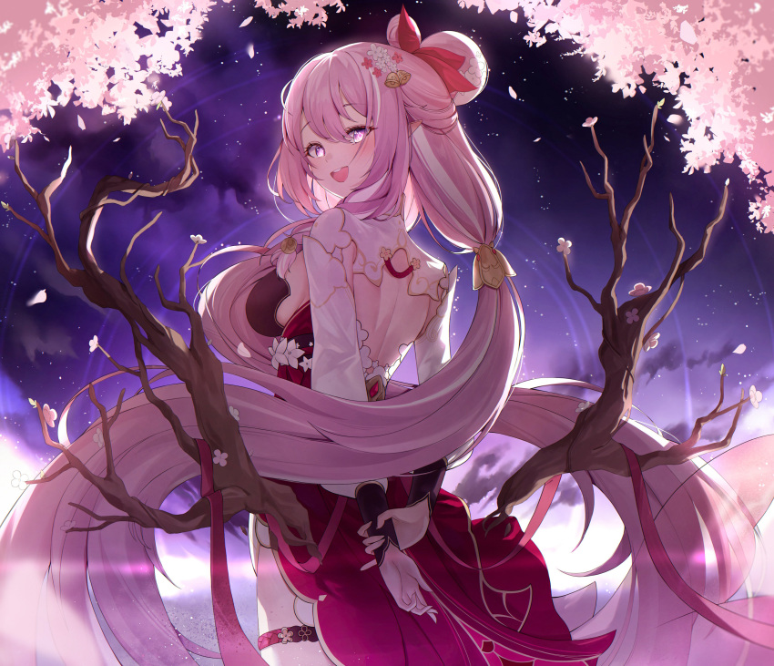1girl :d absurdres arms_behind_back backless_dress backless_outfit bell branch breasts cloud commentary_request dress elysia_(honkai_impact) flower gr_greeze hair_bell hair_between_eyes hair_flower hair_ornament hair_ribbon highres holding_another's_wrist honkai_(series) honkai_impact_3rd long_hair long_sleeves looking_at_viewer looking_to_the_side medium_breasts night night_sky pink_hair pointy_ears puffy_long_sleeves puffy_sleeves purple_dress purple_eyes red_flower red_ribbon ribbon sky smile solo star_(sky) starry_sky very_long_hair white_flower