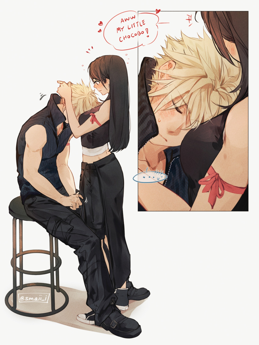 1boy 1girl absurdres apron arm_ribbon bare_shoulders black_apron black_footwear black_hair black_pants black_shirt black_shorts blonde_hair blush breast_pillow breasts close-up closed_eyes closed_mouth cloud_strife commentary couple crop_top ear_blush english_text final_fantasy final_fantasy_vii final_fantasy_vii_advent_children full_body hands_on_another's_head head_on_chest heart high_collar highres long_hair looking_at_another maiii_(smaii_i) medium_breasts on_chair on_stool pants red_eyes red_ribbon ribbon shirt shorts simple_background sitting speech_bubble spiked_hair standing stool sweatdrop symbol-only_commentary tifa_lockhart twitter_username undershirt upper_body waist_apron white_shirt