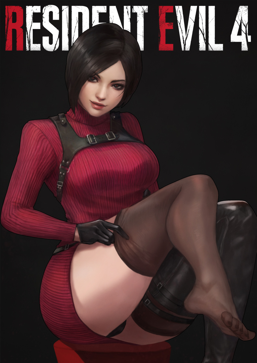 1girl absurdres ada_wong asian asymmetrical_legwear black_background black_eyes black_gloves black_hair black_panties boots breasts buckle chest_harness closed_mouth english_commentary eyelashes feet gloves harness highres holster knees_up lips long_sleeves medium_breasts mismatched_legwear monori_rogue panties red_sweater resident_evil resident_evil_4 resident_evil_4_(remake) ribbed_sweater short_hair shoulder_holster single_thigh_boot single_thighhigh sitting sleeveless sleeveless_turtleneck solo sweater swept_bangs thigh_boots thighhighs thighhighs_pull thighs turtleneck underwear