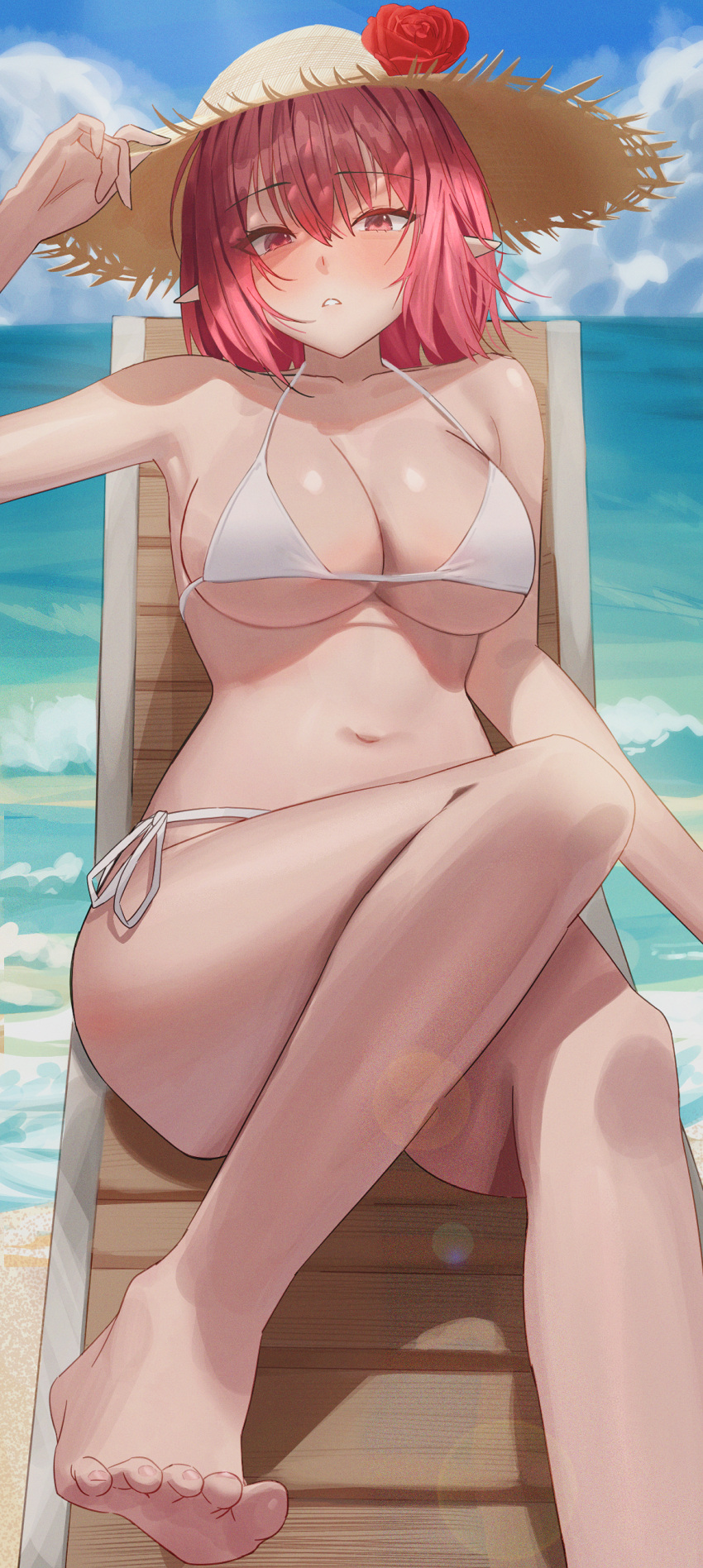 1girl absurdres bare_shoulders beach bikini breasts cleavage cloud dea feet flower hat hat_flower highres large_breasts looking_at_viewer original outdoors parted_lips pointy_ears red_eyes red_hair shore side-tie_bikini_bottom sky solo sun_hat swimsuit thighs
