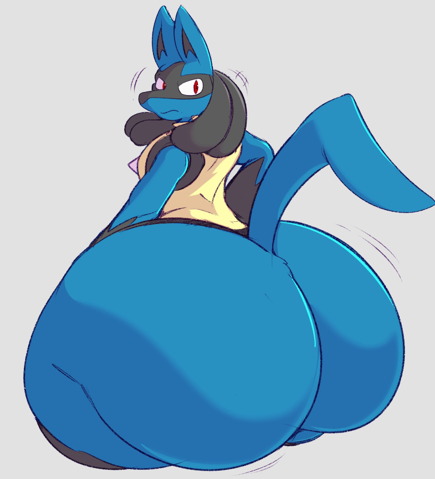 2023 absurd_res ambiguous_gender anthro big_butt black_body black_fur black_inner_ear black_pupils blue_body blue_fur blue_tail butt chest_spike digital_media_(artwork) fur generation_4_pokemon hi_res huge_butt huge_thighs hyper hyper_butt looking_at_viewer looking_back looking_back_at_viewer lucario motion_lines multicolored_body multicolored_fur nintendo nude pokemon pokemon_(species) pupils raised_tail rear_view red_eyes simple_background spikes spikes_(anatomy) tail terito thick_thighs wide_hips yellow_body yellow_fur