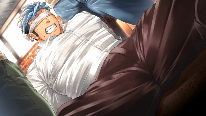 3boys bara black_pants blindfold blue_hair blue_pants collared_shirt covered_eyes crave_saga green_pants large_pectorals male_focus multiple_boys muscular muscular_male non-web_source official_art pants patrossi_(crave_saga) pectorals shirt short_hair sidecut solo_focus tepen_(tptptpn) white_shirt yaoi