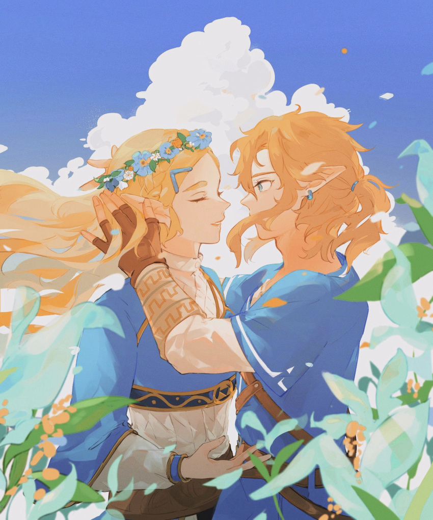 1boy 1girl blonde_hair blue_eyes blue_shirt blue_sky blue_tunic braid brown_gloves closed_eyes cloud cloudy_sky commentary couple crown_braid earrings falling_petals fingerless_gloves flower gloves hair_ornament hairclip head_wreath highres jewelry link long_hair looking_at_another outdoors parted_lips petals pointy_ears ponytail princess princess_zelda shirt short_sleeves sidelocks sky symbol-only_commentary ten_1397xx the_legend_of_zelda the_legend_of_zelda:_breath_of_the_wild thick_eyebrows upper_body