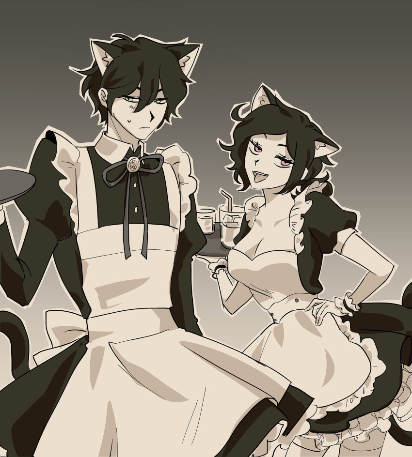 1boy 1girl andrew_graves animal_ears apron ashley_graham cat_ears cat_tail embarrassed green_eyes highres holding holding_plate maid maid_apron pink_eyes plate tail the_coffin_of_andy_and_leyley tongue tongue_out wh_nya