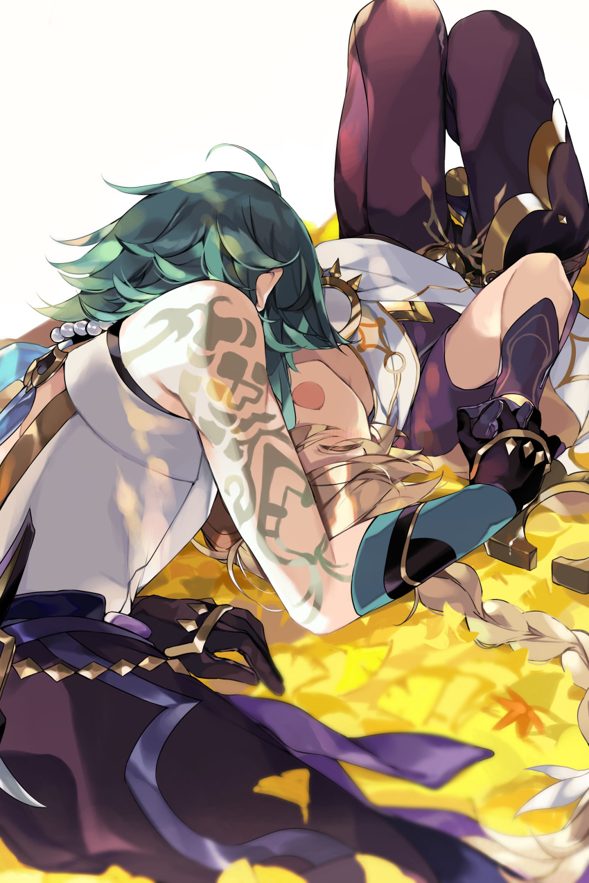 2boys 52hz_mayday absurdres aether_(genshin_impact) ahoge aqua_hair arm_armor arm_tattoo back belt black_footwear black_gloves blonde_hair blush boots braid brown_pants brown_shirt closed_eyes genshin_impact gloves gold_trim hair_between_eyes hair_ribbon hand_up happy highres holding holding_hands jewelry long_hair lying male_focus multicolored_hair multiple_boys necklace on_back on_side open_mouth pants pearl_necklace purple_belt purple_pants ribbon scarf shirt short_hair short_sleeves single_bare_shoulder sleeveless sleeveless_shirt smile star_(symbol) tattoo two-tone_hair white_background white_ribbon white_scarf white_shirt xiao_(genshin_impact) yaoi