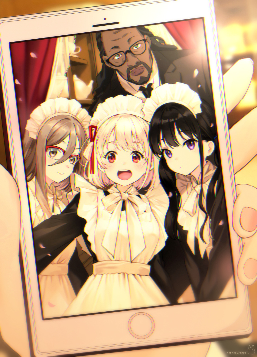 1boy 3girls :d absurdres artist_name beard black_hair black_necktie blurry blurry_background brown_eyes brown_hair curtains dark-skinned_male dark_skin facial_hair glasses green_eyes highres inoue_takina long_hair lycoris_recoil maid mika_(lycoris_recoil) multiple_girls nakahara_mizuki necktie nishikigi_chisato phone_screen pierorabu purple_eyes red-framed_eyewear red_eyes red_ribbon ribbon short_hair smile suit teapot