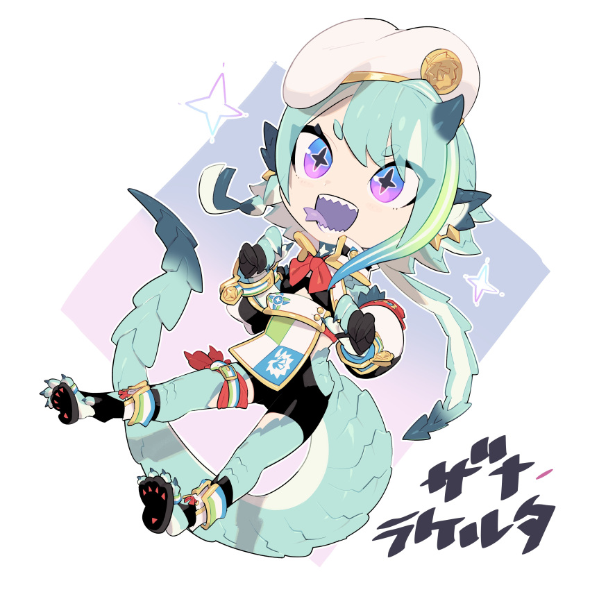 1girl absurdres animal_feet animal_hands aqua_hair aqua_scales aqua_skin black_shorts blue_eyes chibi claws colored_skin colored_tongue detached_sleeves dragon_girl dragon_horns dragon_tail eyes_visible_through_hair forked_tongue full_body gradient_background gradient_eyes hands_up high_collar highres hip_vent horns inu_fuji looking_at_viewer monster_girl multicolored_background multicolored_eyes multicolored_hair multicolored_skin open_mouth original pink_background purple_background purple_eyes purple_tongue sandals scales sharp_teeth short_eyebrows short_hair_with_long_locks shorts small_horns solo star-shaped_pupils star_(symbol) streaked_hair symbol-shaped_pupils tail teeth thigh_strap tongue tongue_out