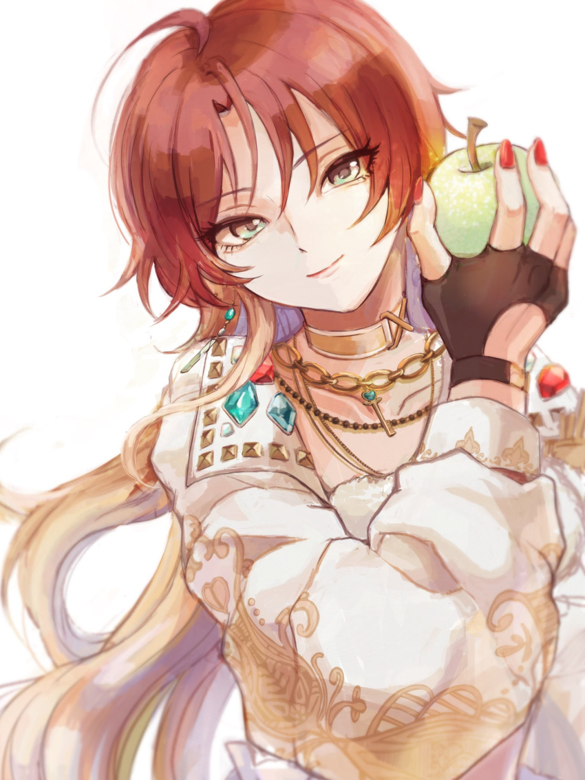 1girl 47_m00n ahoge aketa_mikoto apple bead_necklace beads blonde_hair brown_hair chain_necklace choker coat eyelashes fingerless_gloves food fruit gloves gradient_hair green_apple green_eyes highres holding holding_food holding_fruit idolmaster idolmaster_shiny_colors jewelry lips long_hair multicolored_hair necklace nose official_alternate_costume parted_bangs smile solo white_coat