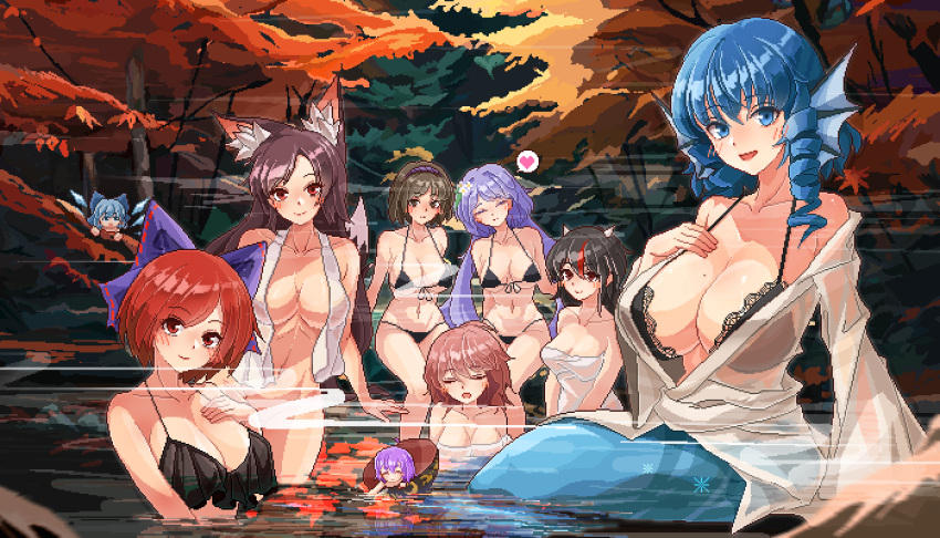 6+girls :d absurdres animal_ears bikini black_bikini black_bra blue_bow blue_eyes bow bowl bra breasts brown_eyes cirno cleavage closed_eyes closed_mouth collarbone commentary_request convenient_censoring detached_wings double_dealing_character drill_hair drill_sidelocks eaglov english_commentary fins forest frilled_bra frills hair_bow hairband head_fins heart highres horikawa_raiko horns ice ice_wings imaizumi_kagerou kijin_seija large_breasts long_hair medium_breasts mermaid mixed-language_commentary mole mole_on_breast monster_girl multicolored_hair multiple_girls naked_towel nature navel onsen open_mouth outdoors pixel_art purple_hair purple_hairband red_eyes red_hair see-through see-through_shirt sekibanki short_hair sidelocks smile spoken_heart steam streaked_hair sukuna_shinmyoumaru swimsuit touhou towel tsukumo_benben tsukumo_yatsuhashi underwear wakasagihime wings wolf_ears wolf_girl