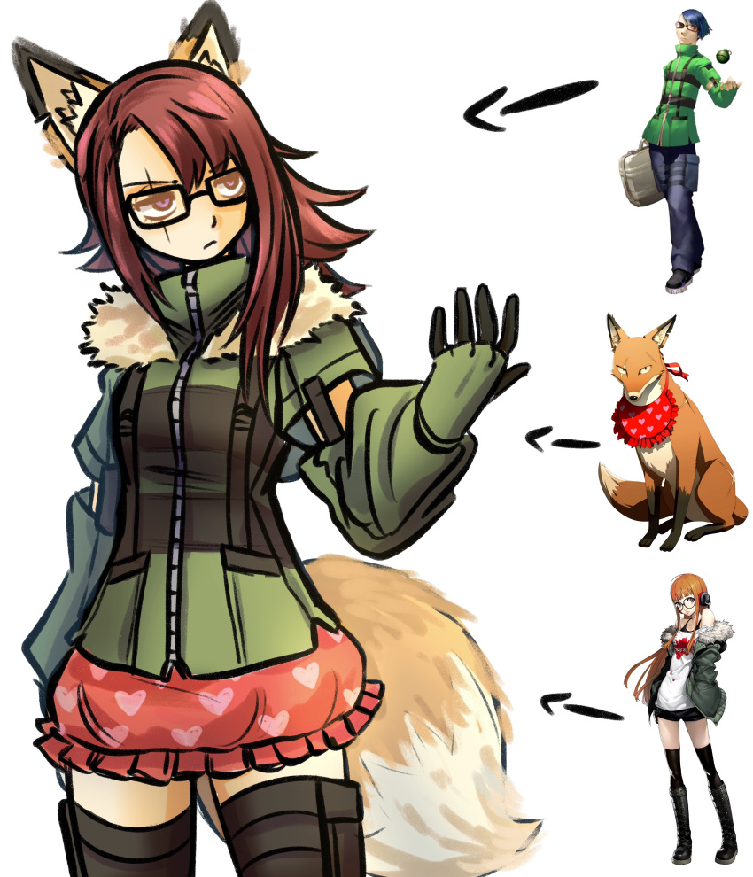 1girl absurdres animal_ears black_thighhighs chimerism closed_mouth english_commentary fox_ears fox_girl fox_tail fur-trimmed_jacket fur_trim fusion gimmie20dollas glasses gloves green_jacket heart heart_print highres jacket kitsune_(persona_4) long_hair narukami_yuu original persona persona_3 persona_4 persona_5 red_hair red_skirt sakura_futaba scar scar_across_eye shirato_jin skirt tail thighhighs