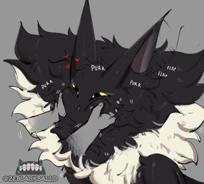 &lt;3 anthro black_body black_eyes black_fur disembodied_hand ear_twitch fur grey_background hand_on_cheek hi_res male mammal motion_lines purring simple_background solo text the_stalker_(ze_blackball.d) white_body white_fur yellow_sclera ze_blackball.d