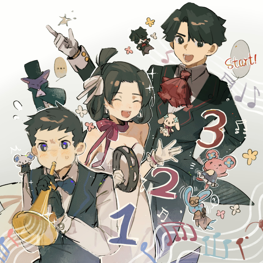 ... 1girl 2boys :d ace_attorney arm_behind_back ascot bangs_pinned_back black_coat black_eyes black_gloves black_hair black_vest blue_bow blue_bowtie blue_eyes bow bowtie buttons chuunosuke_(ace_attorney) closed_eyes coat collared_shirt dress english_text frilled_ascot frills gloves hair_ribbon hair_rings highres instrument kazuma_asogi kumaris lapels long_dress multiple_boys musical_note nyan_zieks nyasogi open_mouth pink_scarf red_ascot ribbon ryunosuke_naruhodo scarf shirt short_hair sleeve_cuffs smile spiked_hair spoken_ellipsis staff_(music) strapless strapless_dress susato_mikotoba tailcoat tambourine the_great_ace_attorney trumpet updo upper_body usalock usato_(ace_attorney) v-shaped_eyebrows vest white_dress white_gloves white_ribbon white_shirt xinjinjumin7559993