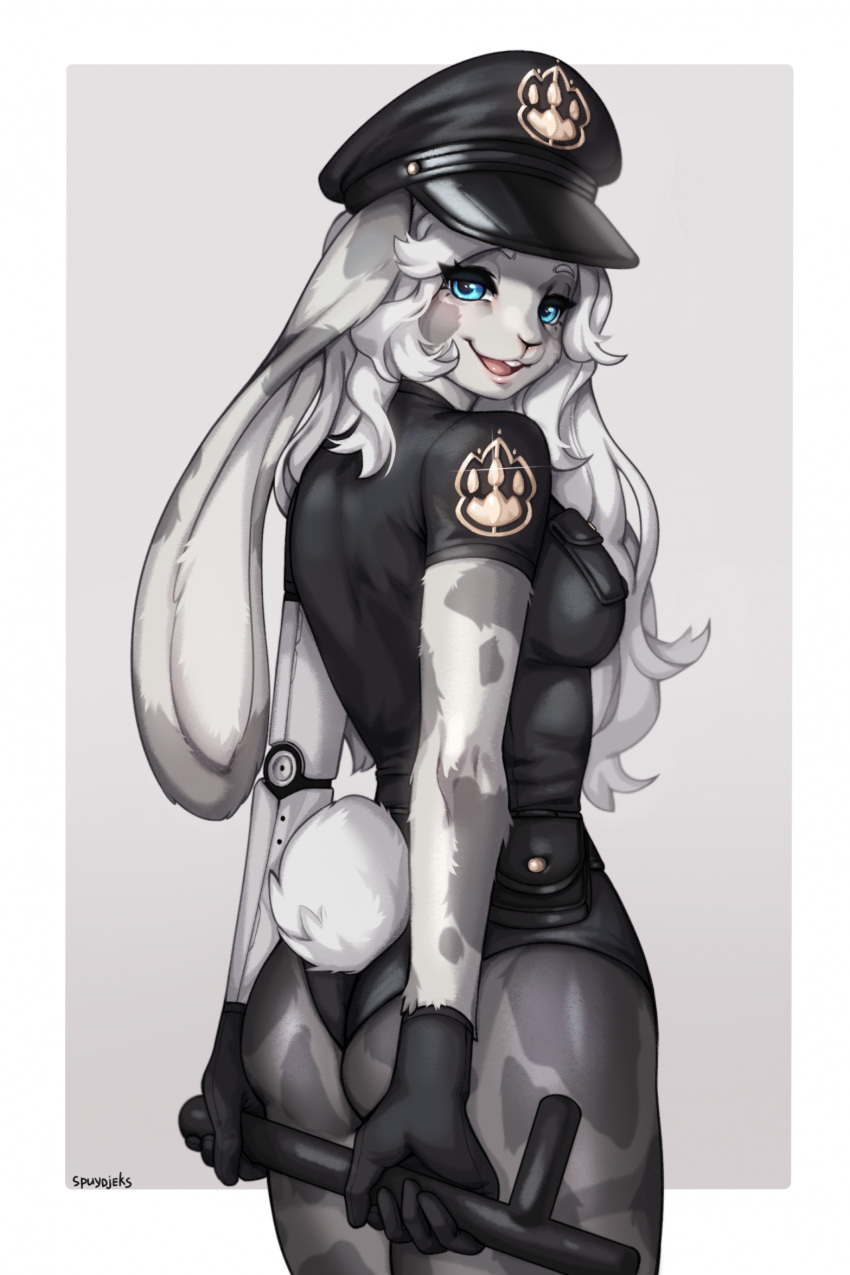 anthro blue_eyes clothing female fur grey_spots hair hi_res lagomorph leporid looking_at_viewer mammal open_mouth police_hat police_uniform rabbit simple_background solo spots spotted_body spotted_fur spuydjeks uniform white_body white_fur white_hair