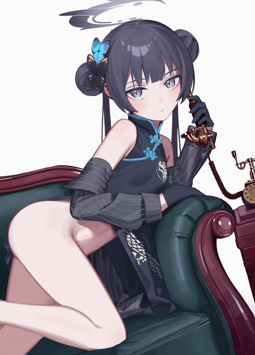 1girl all_fours antique_phone ass bare_shoulders black_dress black_gloves black_hair blue_archive breasts butterfly_hair_ornament china_dress chinese_clothes closed_mouth coat corded_phone double_bun dragon_print dress gloves hair_bun hair_ornament halo highres holding holding_phone jacket kisaki_(blue_archive) long_hair long_sleeves looking_at_viewer no_panties off_shoulder phone print_dress rotary_phone ryuuforkaf simple_background sleeveless sleeveless_dress small_breasts solo striped striped_coat striped_jacket thighs twintails vertical-striped_coat white_background