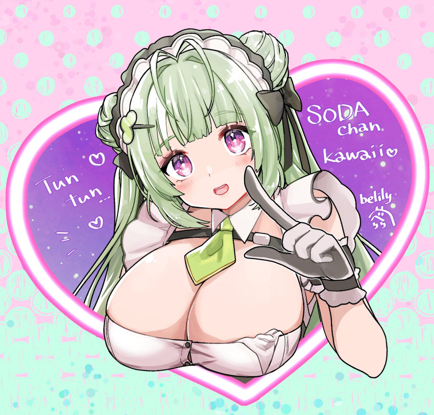 1girl :d antenna_hair apron arm_cuffs ascot black_gloves breast_strap breasts button_gap cropped_torso detached_collar double_bun english_text frills gloves goddess_of_victory:_nikke green_ascot hair_bun hair_ornament hair_ribbon hairclip handkerchief head_tilt heart heart_antenna_hair highres large_breasts light_blush light_green_hair long_hair maid maid_apron maid_headdress open_mouth pointing purple_eyes ribbon sizuki_belily sleeveless smile soda_(nikke) solo two-tone_gloves white_gloves