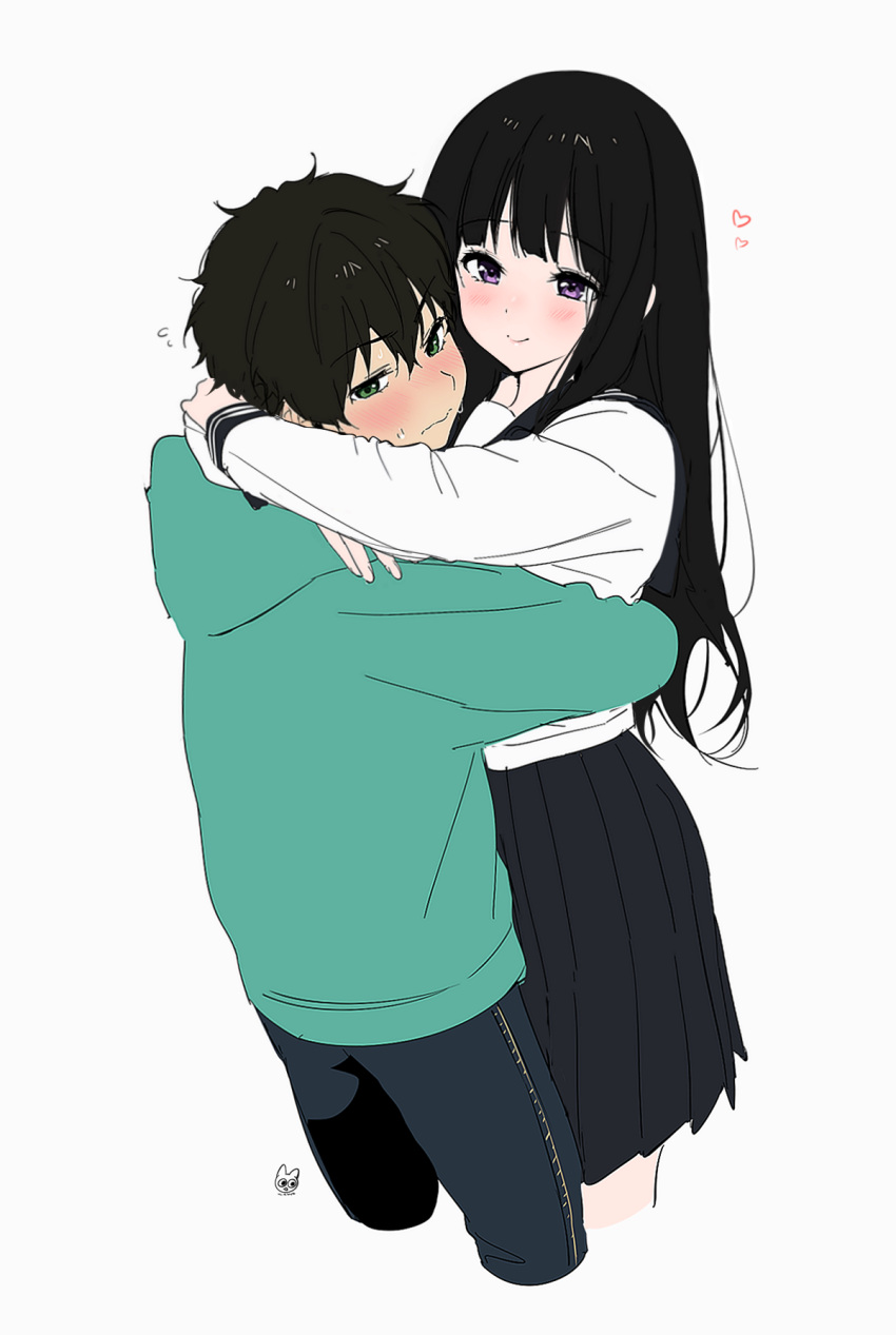 1boy 1girl age_regression aged_down alternate_costume artist_logo black_hair blush brown_hair chitanda_eru green_eyes green_hoodie highres hood hood_down hoodie hug hyouka kamiyama_high_school_uniform_(hyouka) long_hair long_sleeves mery_(yangmalgage) oreki_houtarou purple_eyes sailor_collar school_uniform serafuku shirt short_hair simple_background skirt smile sweat white_background white_shirt