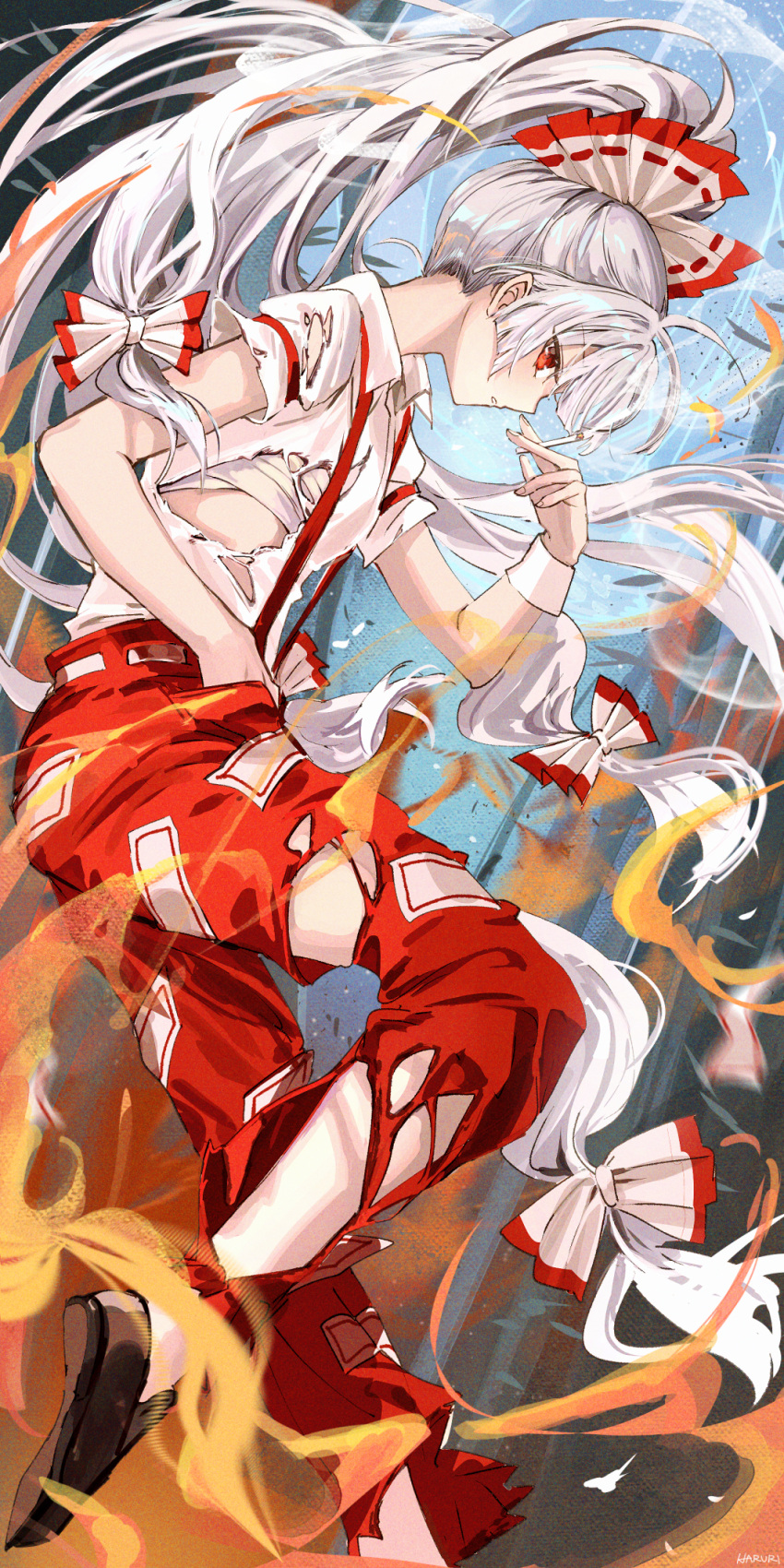 1girl bamboo black_footwear bow cigarette fire from_side fujiwara_no_mokou grey_hair hair_bow haruri highres holding holding_cigarette long_hair pants portrait red_eyes red_pants shirt shoes solo torn_clothes torn_pants torn_shirt touhou white_bow white_shirt