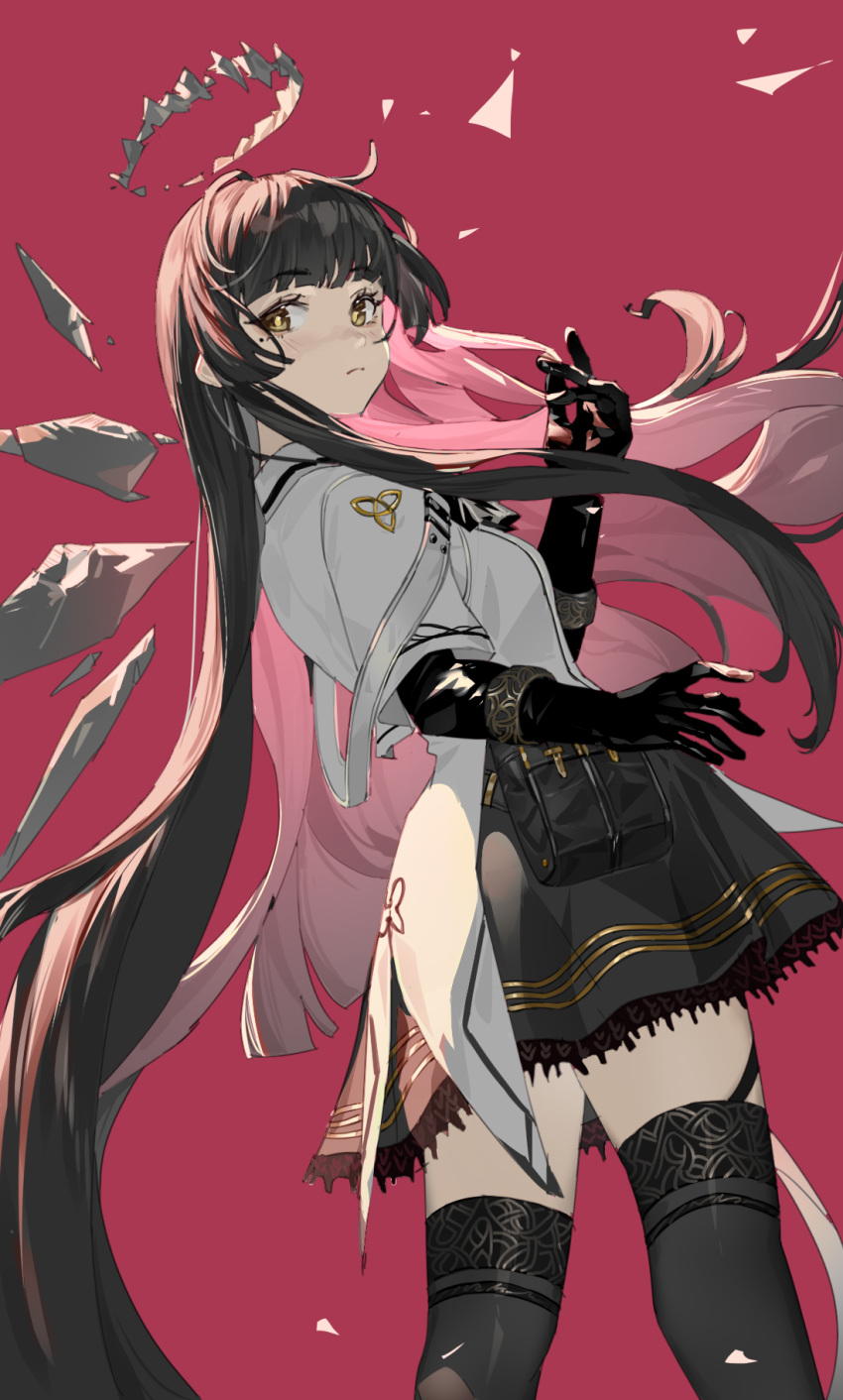 1girl absurdly_long_hair ahoge arched_back arknights artist_name ascot belt belt_buckle belt_pouch black_ascot black_belt black_garter_straps black_gloves black_hair black_pouch black_skirt black_sleeves black_thighhighs blunt_bangs breasts broken_halo brown_eyes brown_hair buckle chinese_commentary chinese_text closed_mouth collared_jacket colored_inner_hair commentary_request cowboy_shot dark_halo detached_wings dutch_angle energy_wings eyelashes feet_out_of_frame from_side garter_straps gloves grey_halo grey_wings halo hands_up highres hime_cut jacket layered_sleeves light_blush light_frown long_hair long_sleeves looking_at_viewer looking_to_the_side medium_breasts miniskirt mole mole_under_eye multicolored_hair outstretched_hand pale_skin pink_background pink_hair pleated_skirt pouch revision short_over_long_sleeves short_sleeved_jacket short_sleeves sidelocks simple_background skirt solo standing thighhighs thighs very_long_hair virtuosa_(arknights) white_belt white_jacket wide_sleeves wings wudongyouyi yellow_pupils zettai_ryouiki