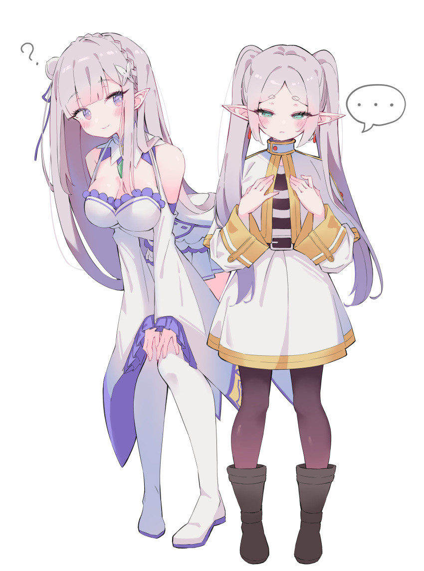 ... 2girls ? absurdres bare_shoulders blush braid breast_conscious breast_envy breasts capelet cleavage closed_mouth commentary_request crown_braid earrings elf emilia_(re:zero) flower frieren gem green_eyes green_gemstone grey_hair hair_flower hair_ornament hair_ribbon highres jewelry koushin_ryo large_breasts long_hair long_sleeves multiple_girls pantyhose parted_bangs pointy_ears purple_eyes purple_ribbon re:zero_kara_hajimeru_isekai_seikatsu ribbon rose shirt simple_background small_breasts smile sousou_no_frieren striped striped_shirt thighhighs twintails white_background white_capelet white_flower white_rose x_hair_ornament