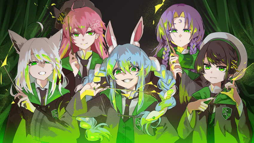 5girls :d ahoge alternate_eye_color animal_ear_fluff animal_ears anyueh beret black_hair blue_hair braid commentary_request crescent dark_background facial_mark forehead_mark fox_ears fox_girl green_eyes grin half-closed_eyes hat highres hogwarts_legacy hololive hololive_indonesia long_hair looking_at_viewer moona_hoshinova multicolored_hair multiple_girls necktie oozora_subaru pink_eyes purple_hair rabbit_ears rabbit_girl robe sakura_miko shirakami_fubuki slytherin smile twin_braids two-tone_hair usada_pekora virtual_youtuber wand white_hair