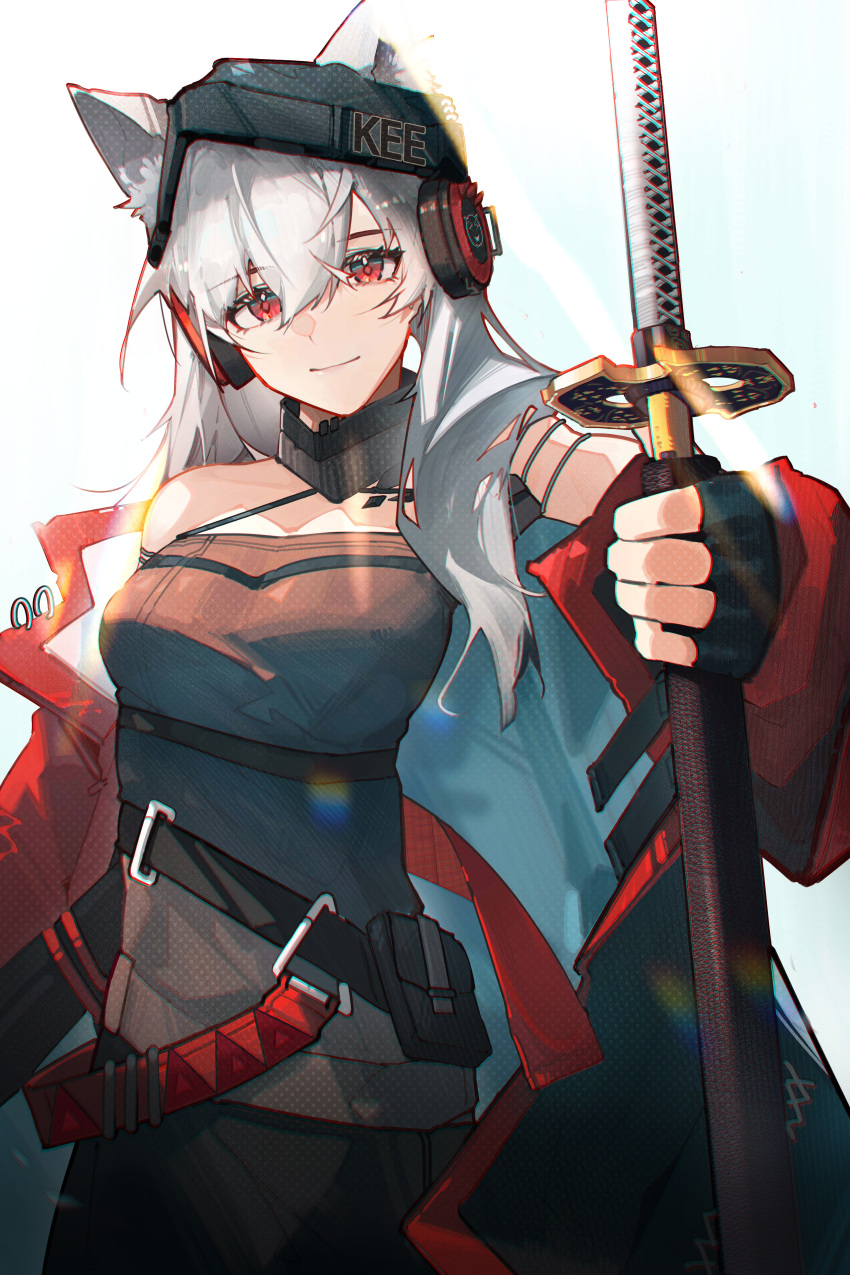 1girl absurdres animal_ears arknights beanie black_gloves black_skirt breasts devil_may_cry_(series) devil_may_cry_5 ears_through_headwear foreshortening fox_ears fox_girl frostleaf_(arknights) gloves grey_hair grey_shirt hair_between_eyes hat headphones highres holding holding_sword holding_weapon huajiaohaibao implied_extra_ears jacket katana long_hair looking_at_viewer medium_breasts off-shoulder_shirt off_shoulder open_clothes open_jacket oripathy_lesion_(arknights) parody red_eyes red_jacket revision scabbard sheath shirt skirt smile solo sword weapon yamato_(sword)