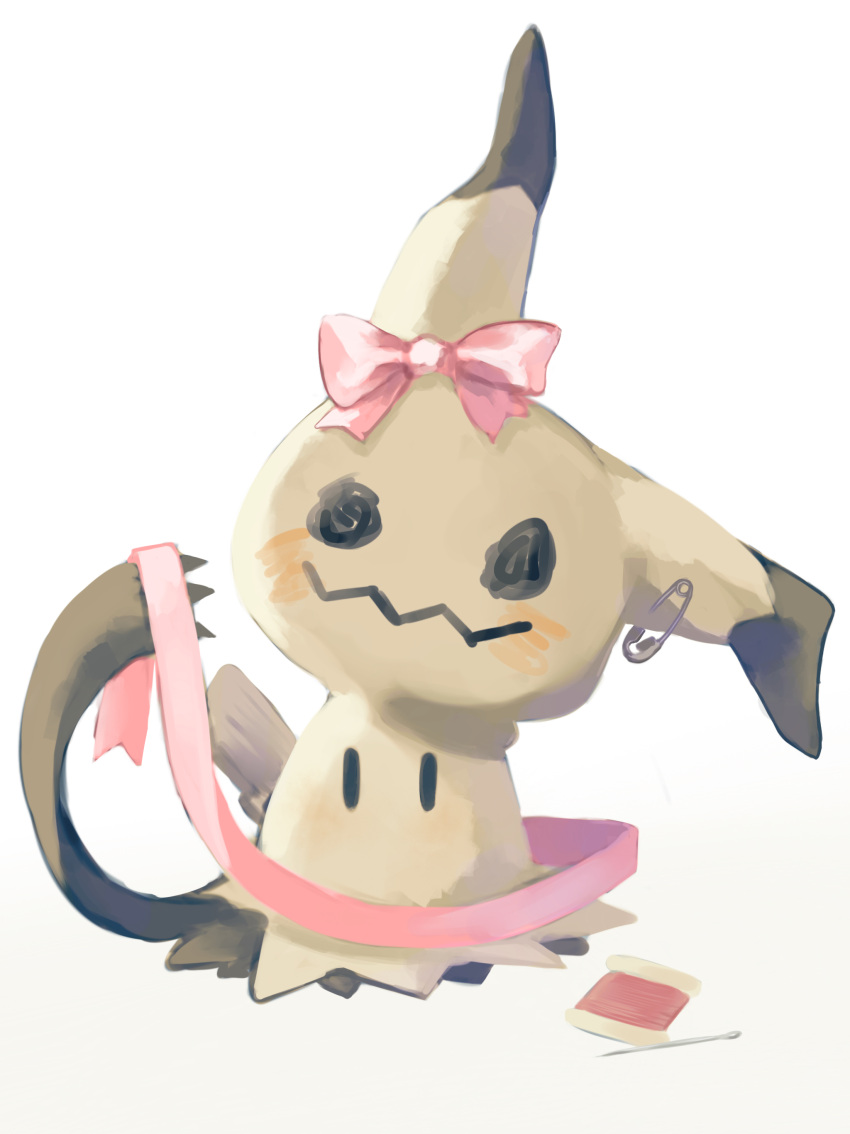 @_@ absurdres black_eyes bow commentary_request full_body highres holding holding_ribbon katamuki looking_at_viewer mimikyu needle no_humans partial_commentary pink_bow pink_ribbon pokemon pokemon_(creature) ribbon safety_pin sewing_needle simple_background solo spool wavy_mouth |_|