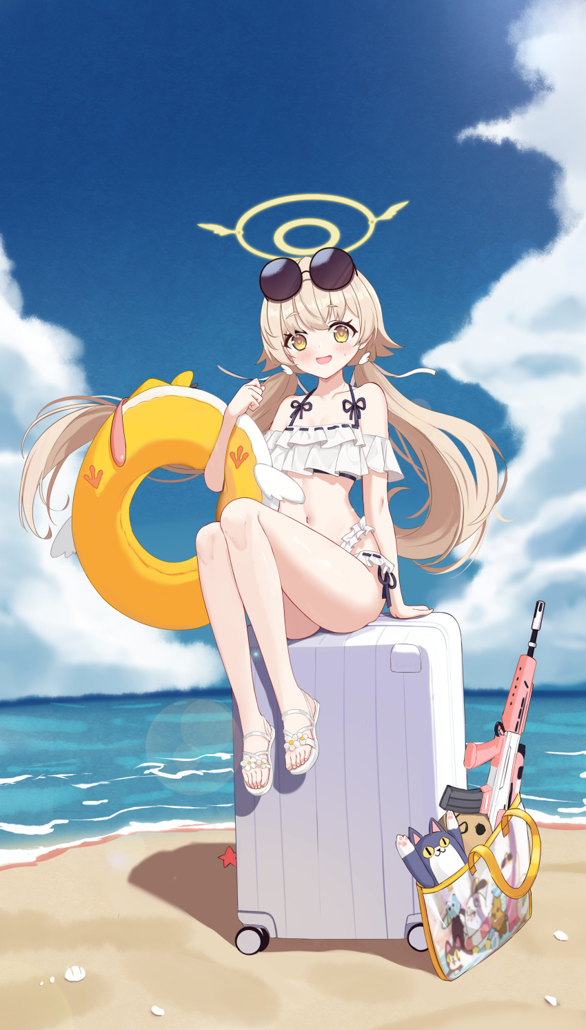 1girl absurdres beach bikini blue_archive frilled_bikini frills hifumi_(blue_archive) highres innertube light_brown_hair long_hair looking_at_viewer navel niballl ocean open_mouth sand sandals sitting sky smile solo swimsuit toes twintails very_long_hair white_bikini white_footwear yellow_eyes