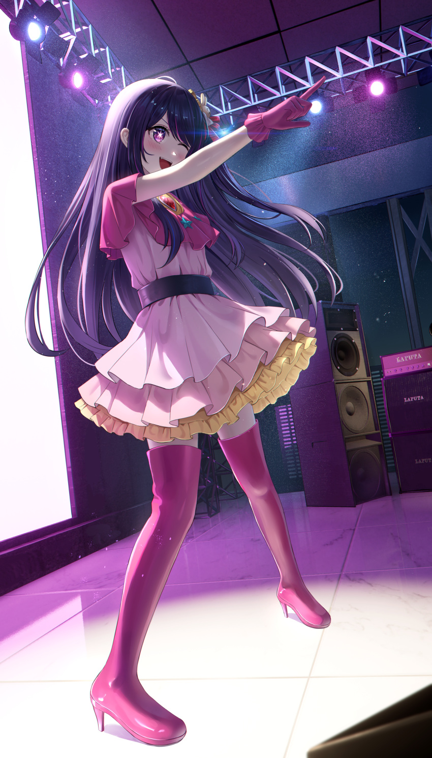 1girl ;d absurdres belt black_belt blush boots brooch commentary dress frilled_dress frilled_gloves frills full_body gloves hair_between_eyes hair_ornament hair_ribbon heart heart_brooch highres hoshino_ai_(oshi_no_ko) idol idol_clothes jewelry light_particles long_hair nay one_eye_closed open_mouth oshi_no_ko pink_dress pink_footwear pink_gloves pointing purple_eyes rabbit_hair_ornament red_ribbon ribbon sidelocks smile solo speaker stage stage_lights star-shaped_pupils star_(symbol) swept_bangs symbol-shaped_pupils teeth thigh_boots upper_teeth_only zettai_ryouiki