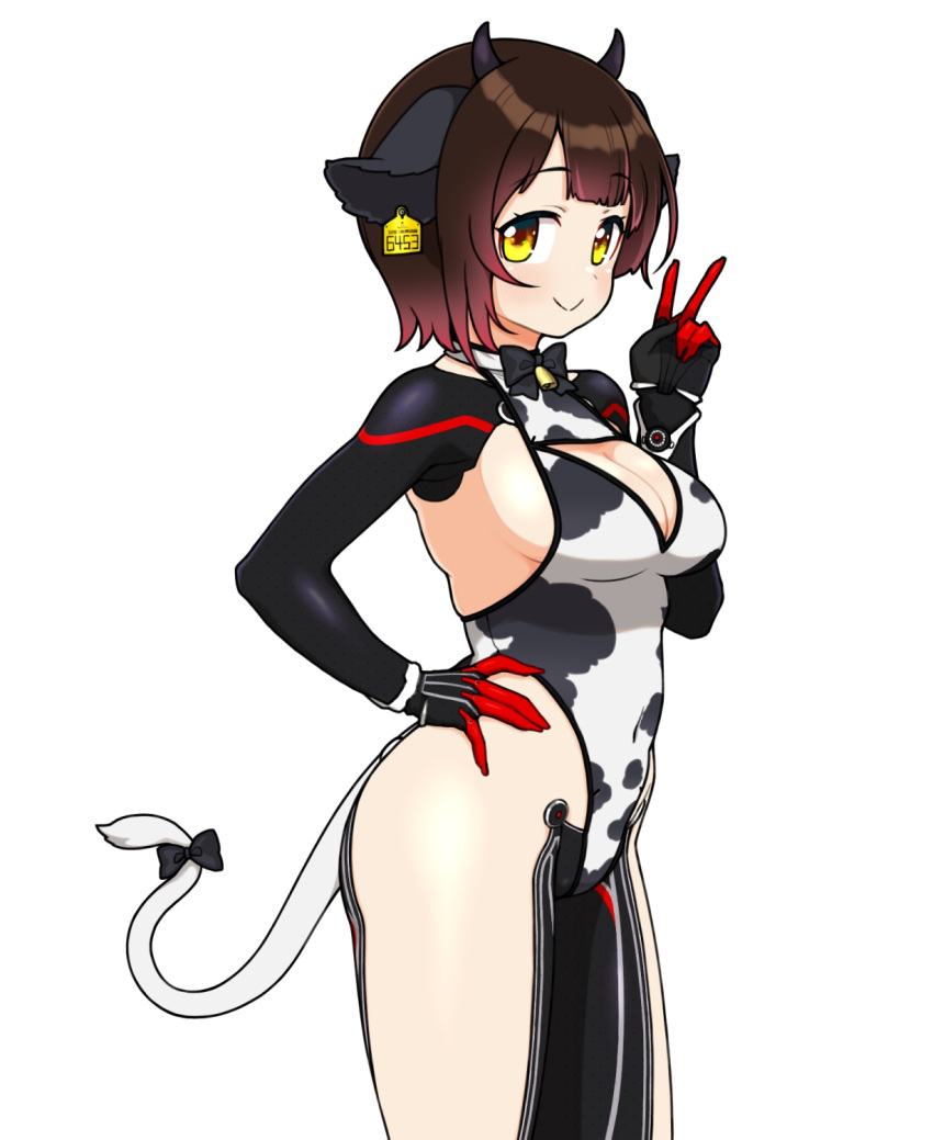 1girl alternate_costume animal_ears animal_print black_bow black_bowtie blush bow bowtie breasts brown_hair cleavage cleavage_cutout closed_mouth clothing_cutout commentary covered_navel cow_ears cow_horns cow_print cow_tail cowboy_shot ear_tag fake_animal_ears fake_horns fake_tail from_side gradient_hair hand_on_own_hip highres hololive horns looking_at_viewer mechanical_arms mechanical_parts medium_breasts multicolored_hair okunin print_leotard red_hair roboco-san short_hair sideboob simple_background smile solo standing tail two-tone_hair v virtual_youtuber white_background yellow_eyes