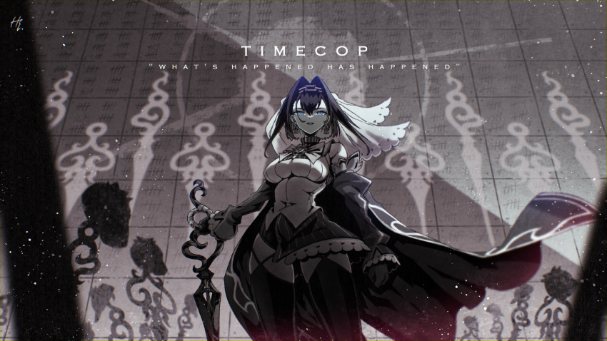1girl blue_eyes breasts cape chain cleavage cleavage_cutout clothing_cutout commentary cowboy_shot detached_sleeves earrings english_commentary english_text gloves greyscale hairband highres hololive hololive_english jewelry large_breasts miniskirt monochrome ouro_kronii sagging_breasts skirt solo spot_color sword taka_t tally thighhighs veil weapon