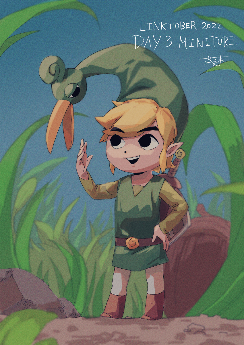 1boy absurdres acorn black_eyes blonde_hair brown_footwear dated ezlo green_tunic hand_on_own_hip highres link long_sleeves male_focus mini_person miniboy open_mouth pants pointy_ears shield shield_on_back short_hair shrub_mtg sword sword_on_back teeth the_legend_of_zelda the_legend_of_zelda:_the_minish_cap toon_link upper_teeth_only weapon weapon_on_back white_pants
