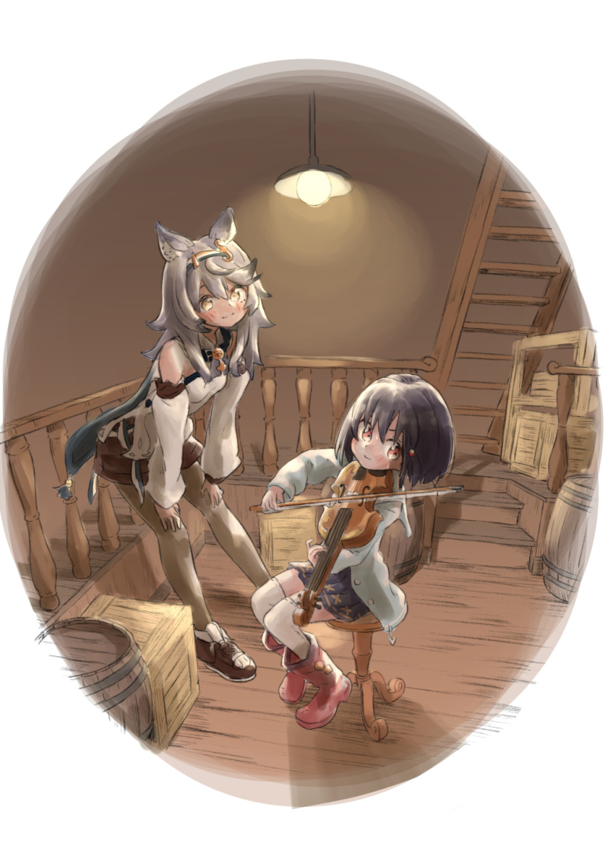 2girls animal_ears barrel black_hair blush boots bow_(music) cantate_(granblue_fantasy) crate detached_sleeves erune granblue_fantasy grey_hair hair_between_eyes hairband hamioura hands_on_own_knees hanging_light highres holding holding_bow_(music) holding_instrument instrument knee_boots kneehighs leaning_forward multiple_girls music on_stool over-kneehighs pantyhose playing_instrument pleated_skirt railing red_eyes red_footwear shorts sitting skirt socks stairs stool thighhighs vikala_(granblue_fantasy) violin wooden_floor wooden_railing yellow_eyes